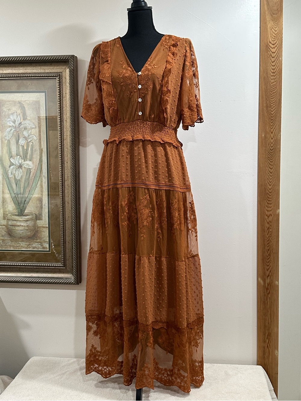 Women's Rust Orange V-Neck Tiered Maxi Dress